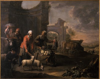 A man with a pushcart full of vegetables by Willem van the Elder Herp